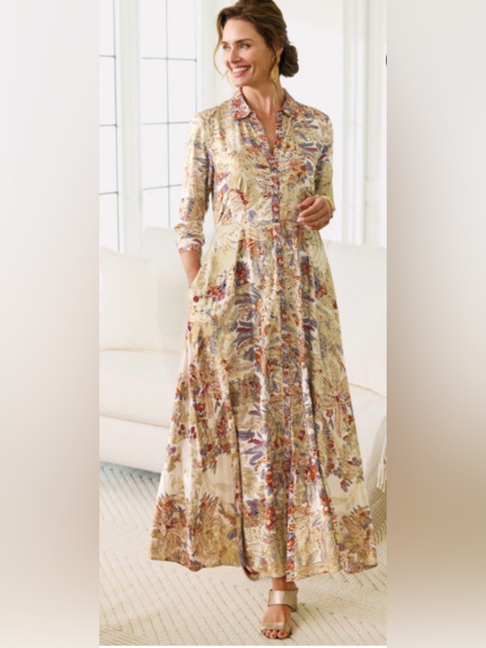 SOFT SURROUNDINGS MAXI METALLIC GILDED FOIL A LINE CHALLIS BUTTON DUSTER DRESS